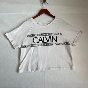 Calvin Klein Women's Sz Medium French Terry Short Sleeve Crop Top Pullover Logo